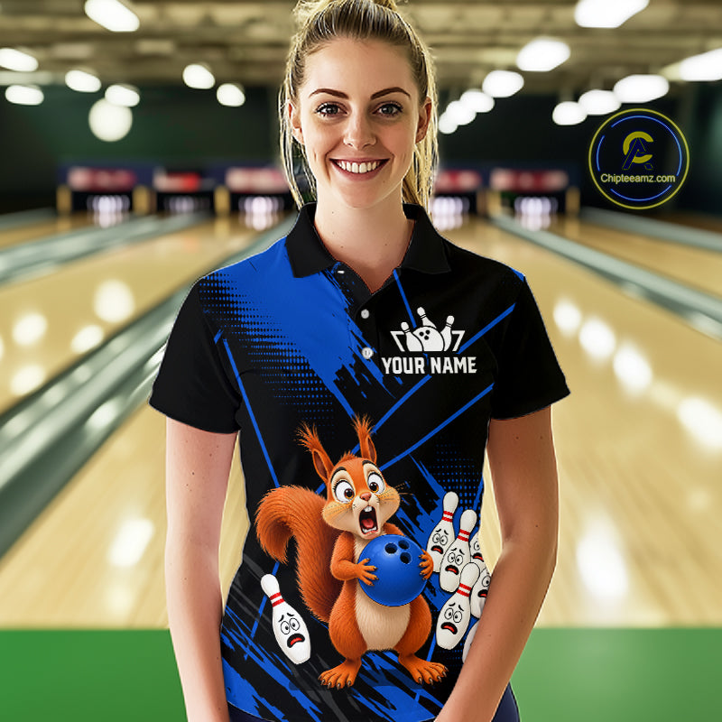 Custom Blue Squirrel Bowling Jersey for Women Bowling Team Shirts Bowling Polo & 1/4 Zip HNT301