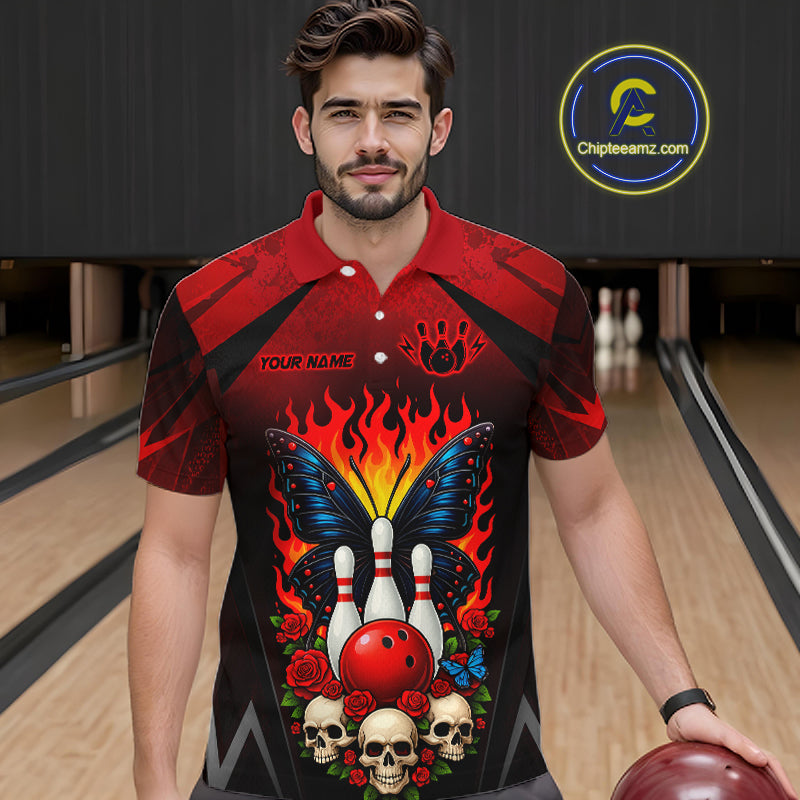 Man wearing a red and black bowling polo shirt featuring flaming bowling pins, a red bowling ball, a blue butterfly, roses, skulls, and custom player name text.