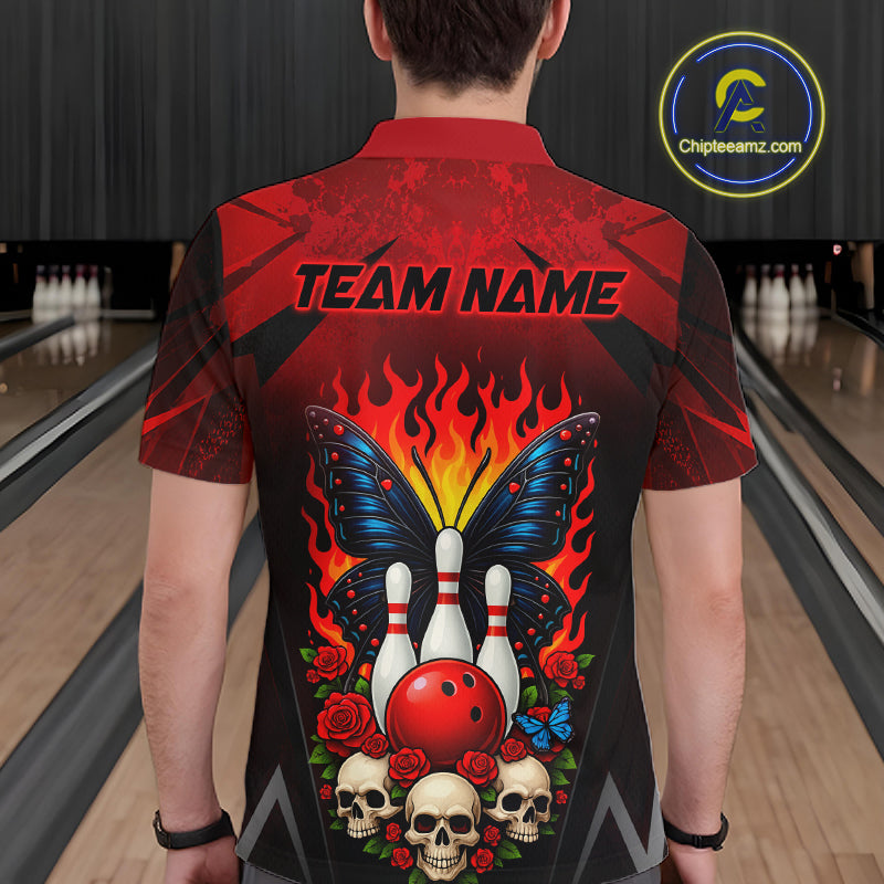 Man wearing a red and black bowling polo shirt featuring flaming bowling pins, a red bowling ball, a blue butterfly, roses, skulls, and custom team name text.