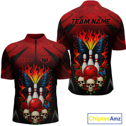 Front and back views of a red and black bowling quarter zip shirt featuring flaming bowling pins, a red bowling ball, a blue butterfly, roses, skulls, and custom team and player name text.
