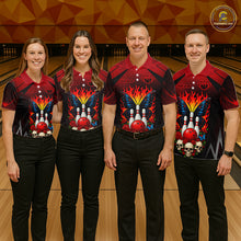 Load image into Gallery viewer, Four people wearing red and black bowling quarter zip shirt featuring flaming bowling pins, a red bowling ball, a blue butterfly, roses, skulls, and custom player name text.