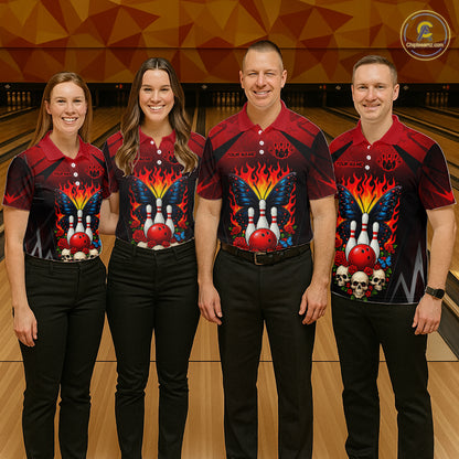 Four people wearing red and black bowling polo shirt featuring flaming bowling pins, a red bowling ball, a blue butterfly, roses, skulls, and custom player name text.