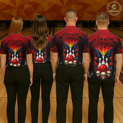 Four people wearing red and black bowling quarter zip shirt featuring flaming bowling pins, a red bowling ball, a blue butterfly, roses, skulls, and custom team name text.