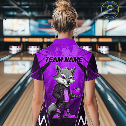 Woman wearing a purple and black bowling polo shirt featuring a gray wolf mascot holding a purple bowling ball, with custom team name text.
