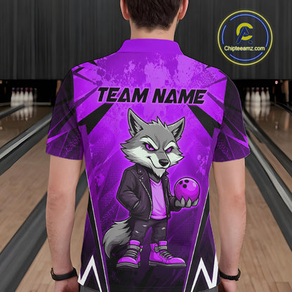 Man wearing a purple and black bowling polo shirt featuring a gray wolf mascot holding a purple bowling ball, with custom team name text.
