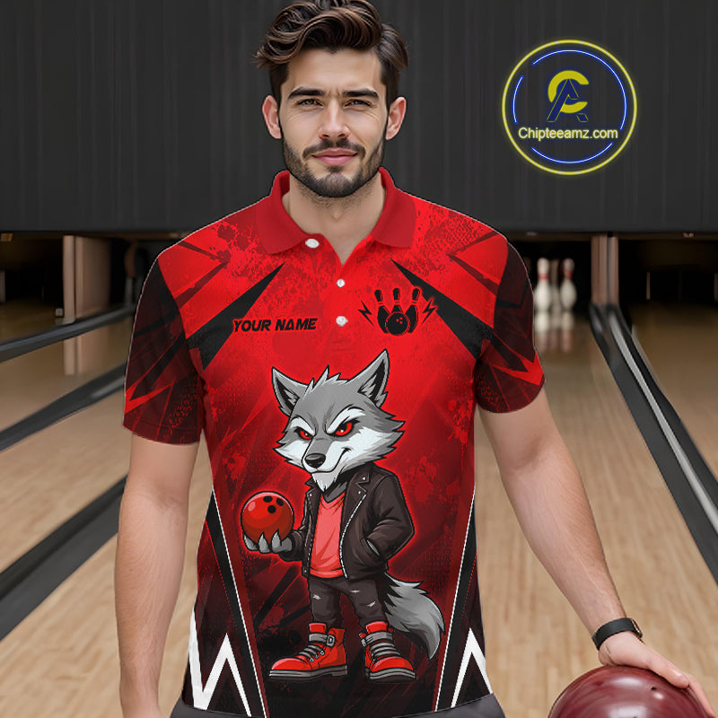 Man wearing a red and black bowling polo shirt featuring a gray wolf mascot holding a red bowling ball, with custom player name text.