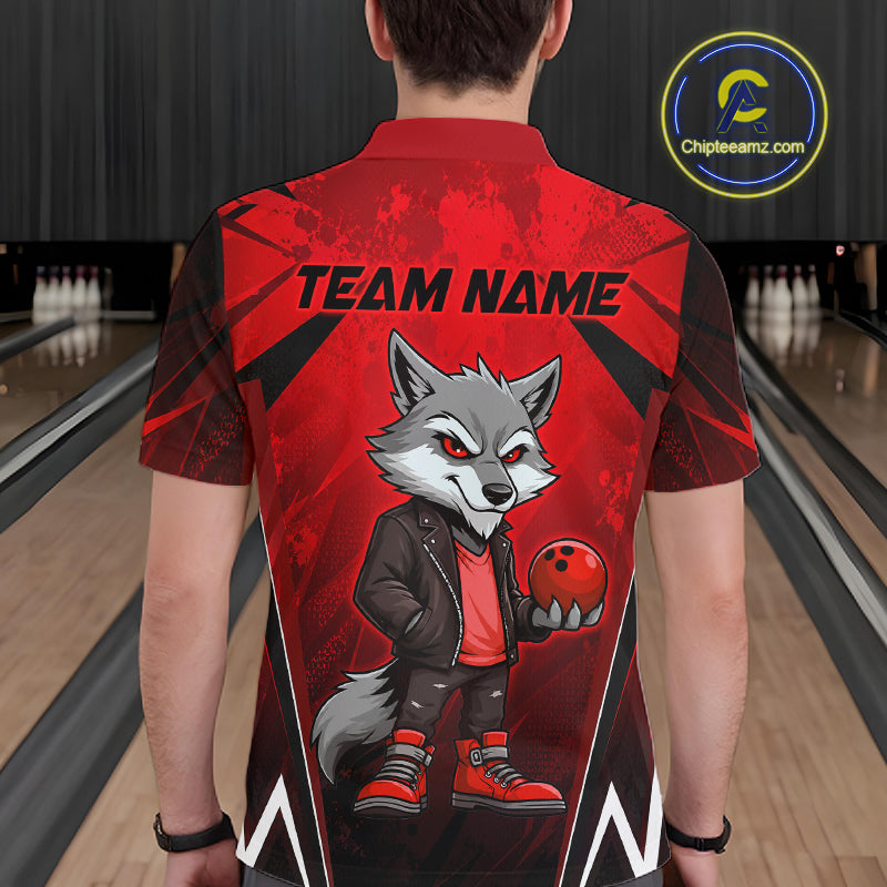 Man wearing a red and black bowling quarter zip shirt featuring a gray wolf mascot holding a red bowling ball, with custom team name text.
