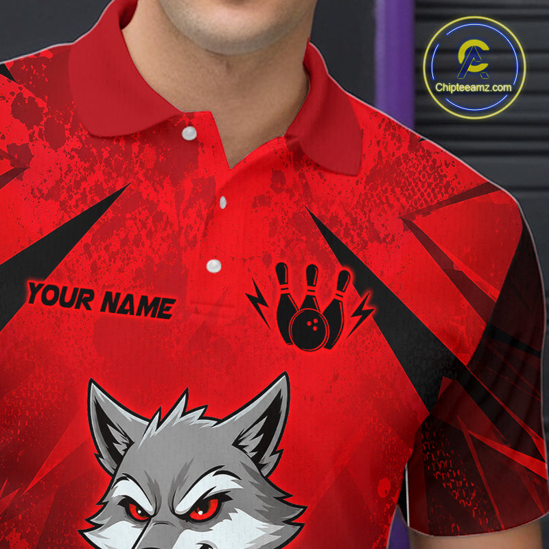 Red polo shirt with graphic designs and text on a dark background