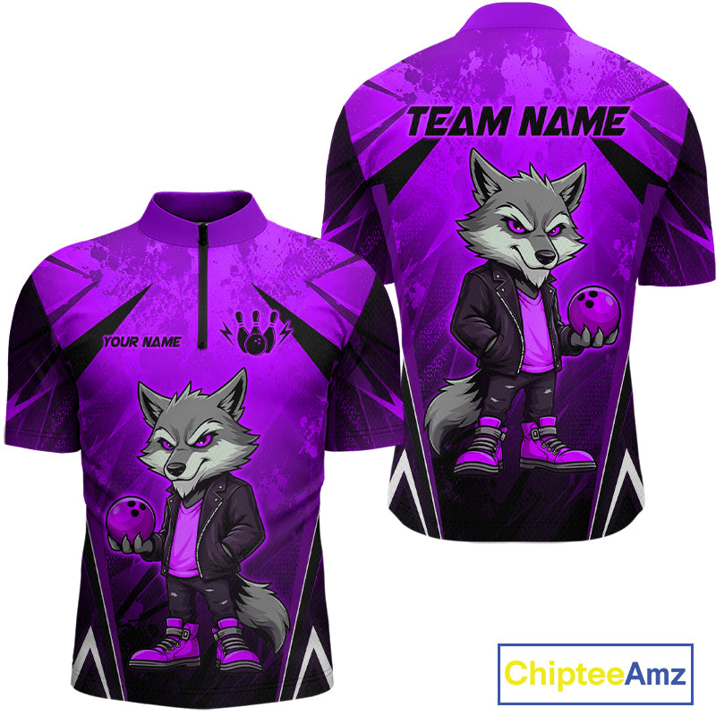 Front and back views of a purple and black bowling quarter zip shirt featuring a gray wolf mascot holding a purple bowling ball, with custom team and player name text.