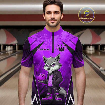 Man wearing a purple and black bowling quarter zip shirt featuring a gray wolf mascot holding a purple bowling ball, with custom player name text.