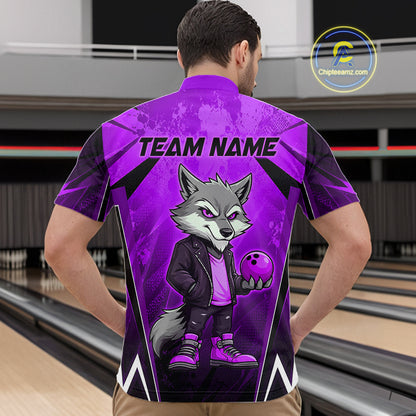 Man wearing a purple and black bowling quarter zip shirt featuring a gray wolf mascot holding a purple bowling ball, with custom team name text.