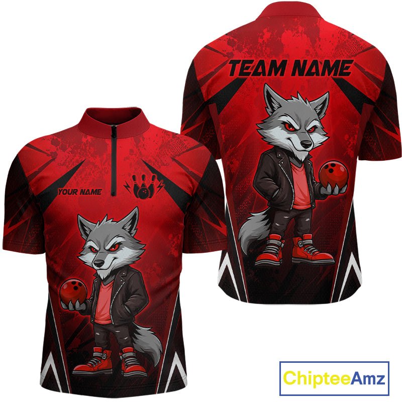 Front and back views of a red and black bowling quarter zip shirt featuring a gray wolf mascot holding a red bowling ball, with custom team and player name text.