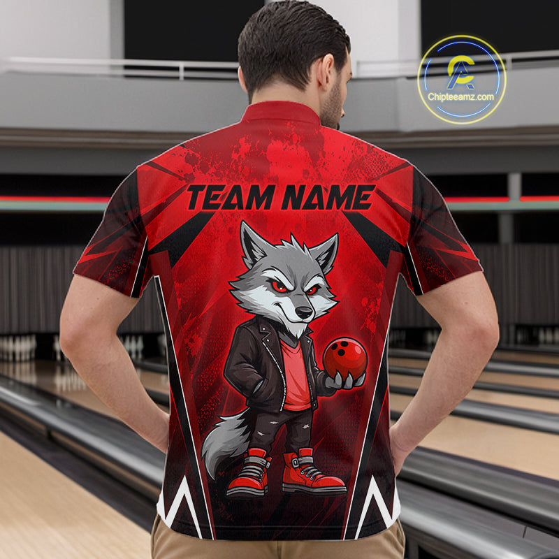 Man wearing a red and black bowling polo shirt featuring a gray wolf mascot holding a red bowling ball, with custom team name text.