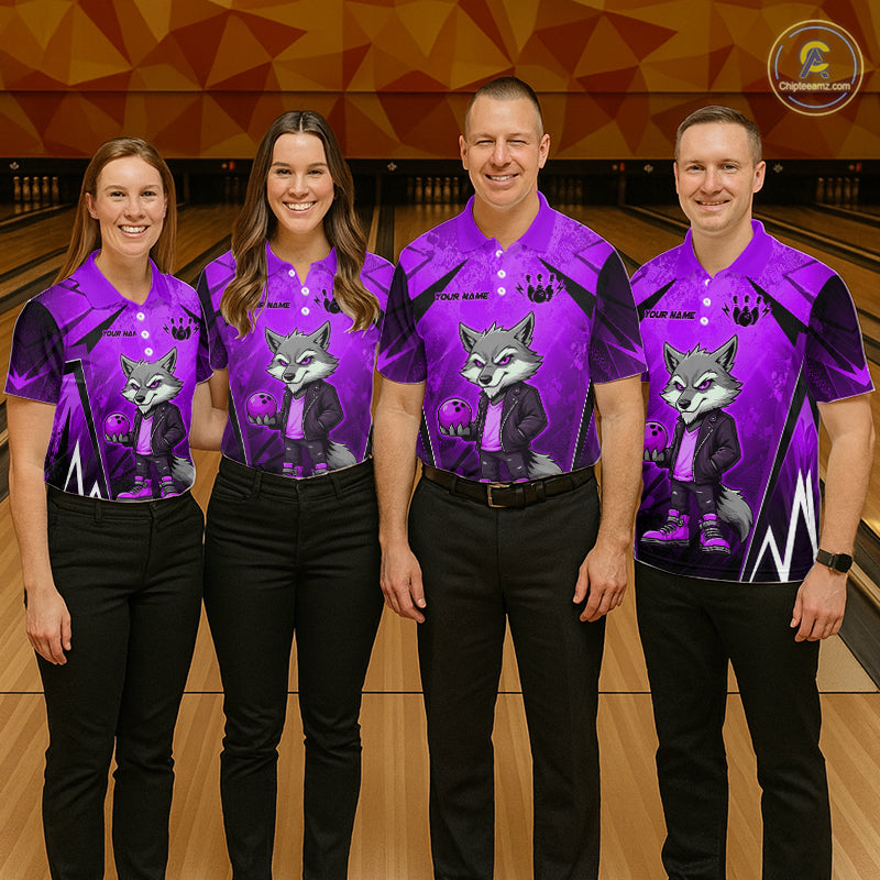 Four people wearing purple and black bowling polo shirt featuring a gray wolf mascot holding a purple bowling ball, with custom player name text.