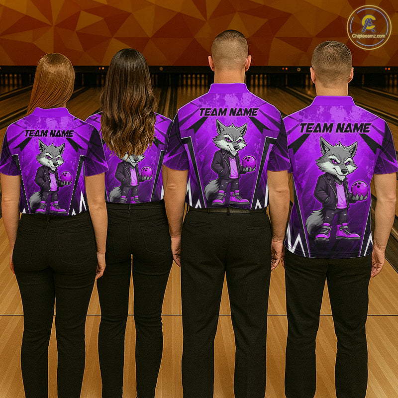 Four people wearing purple and black bowling polo shirt featuring a gray wolf mascot holding a purple bowling ball, with custom team name text.