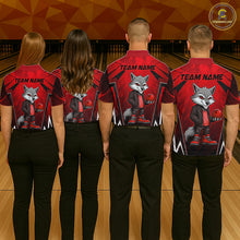 Load image into Gallery viewer, Four people wearing a red and black bowling quarter zip shirt featuring a gray wolf mascot holding a red bowling ball, with custom team name text.