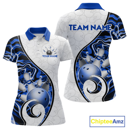 Custom Blue Liquid Swirl Bowling Jersey for Women Bowling Team Shirts Bowling League Polo & 1/4 Zip HNT471