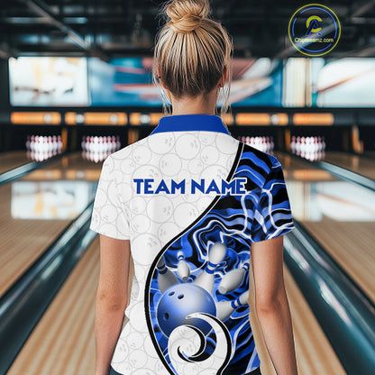 Custom Blue Liquid Swirl Bowling Jersey for Women Bowling Team Shirts Bowling League Polo & 1/4 Zip HNT471