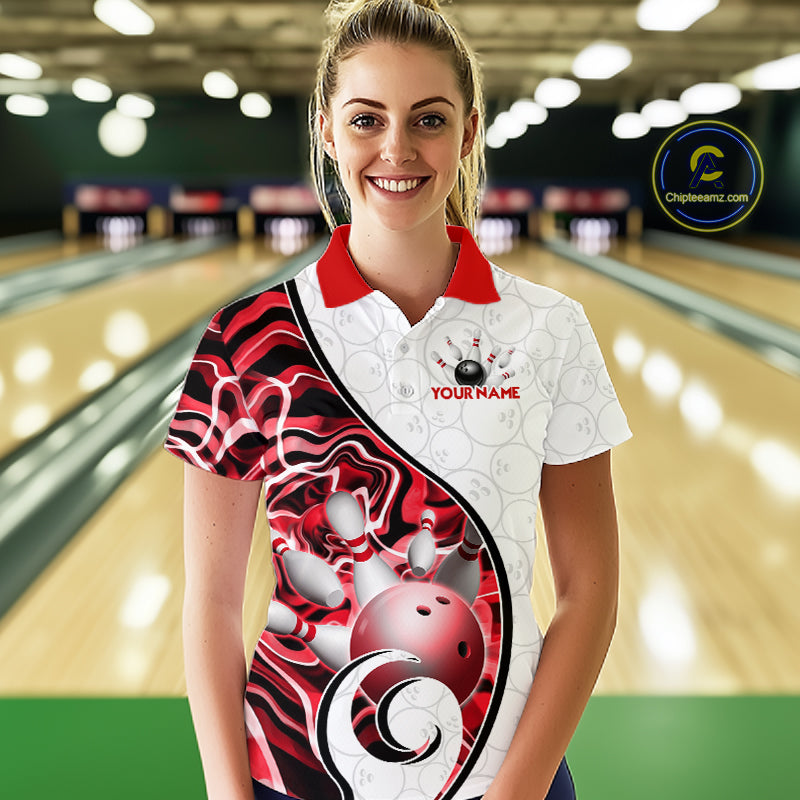 Custom Red Liquid Swirl Bowling Jersey for Women Bowling Team Shirts Bowling League Polo & 1/4 Zip HNT471