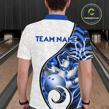 Custom Blue Liquid Swirl Bowling Jersey for Men Bowling Team Shirts Bowling League Polo & 1/4 Zip HNT471