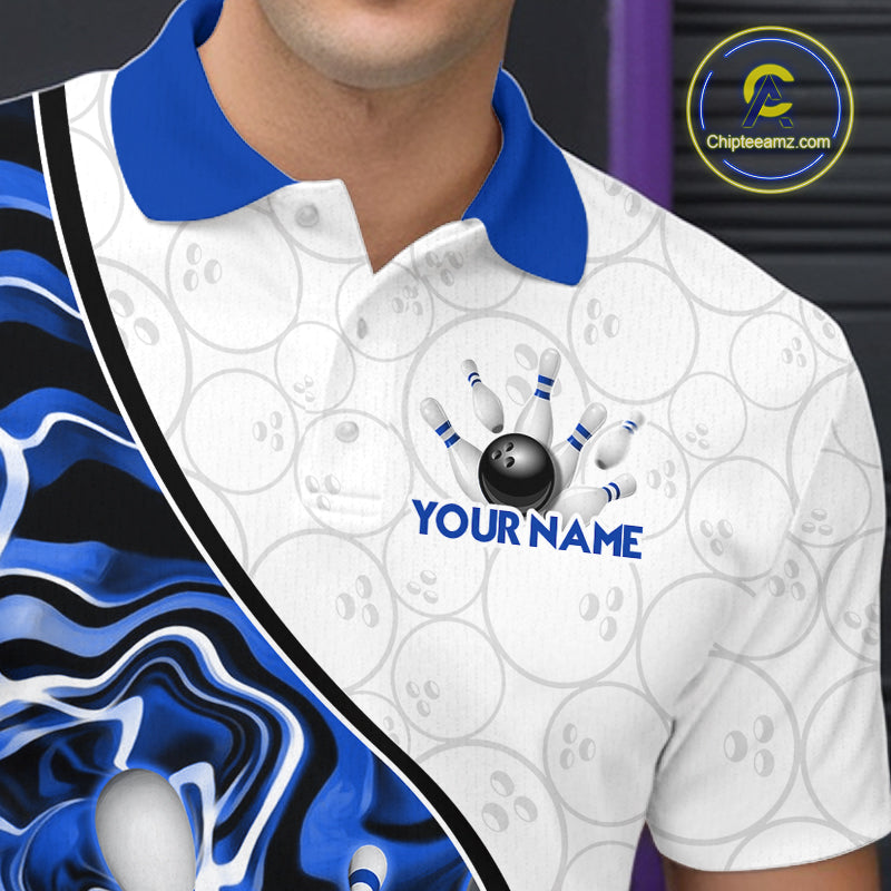 Custom Blue Liquid Swirl Bowling Jersey for Men Bowling Team Shirts Bowling League Polo & 1/4 Zip HNT471