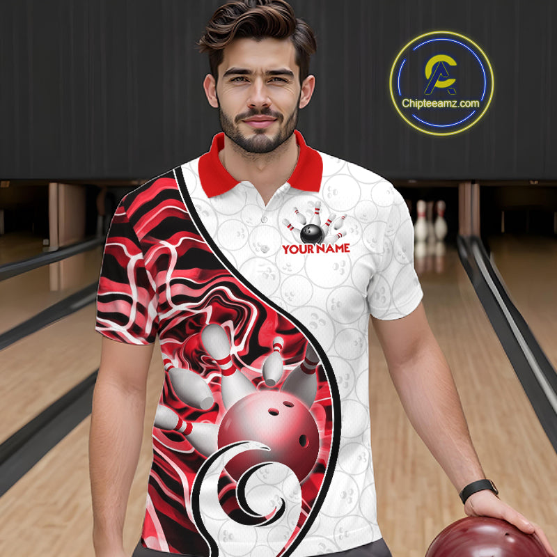 Custom Red Liquid Swirl Bowling Jersey for Men Bowling Team Shirts Bowling League Polo & 1/4 Zip HNT471