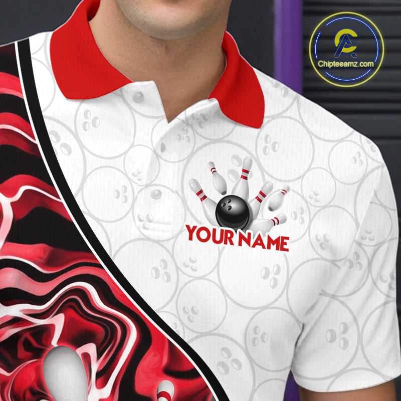 Custom Red Liquid Swirl Bowling Jersey for Men Bowling Team Shirts Bowling League Polo & 1/4 Zip HNT471