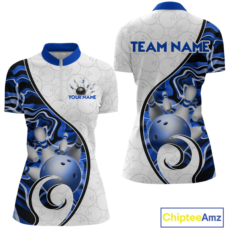 Custom Blue Liquid Swirl Bowling Jersey for Women Bowling Team Shirts Bowling League Polo & 1/4 Zip HNT471