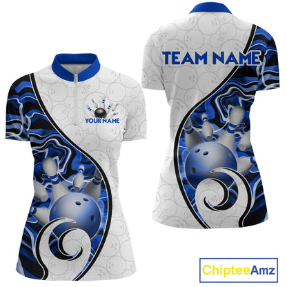 Custom Blue Liquid Swirl Bowling Jersey for Women Bowling Team Shirts Bowling League Polo & 1/4 Zip HNT471