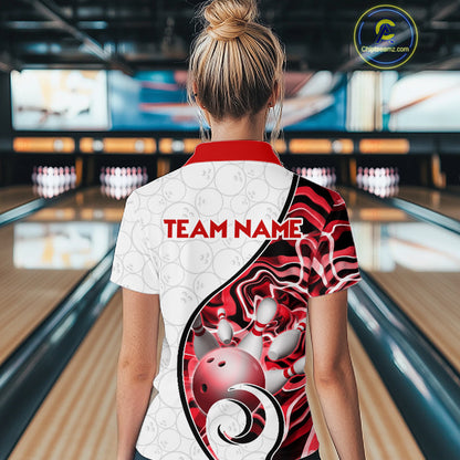 Custom Red Liquid Swirl Bowling Jersey for Women Bowling Team Shirts Bowling League Polo & 1/4 Zip HNT471
