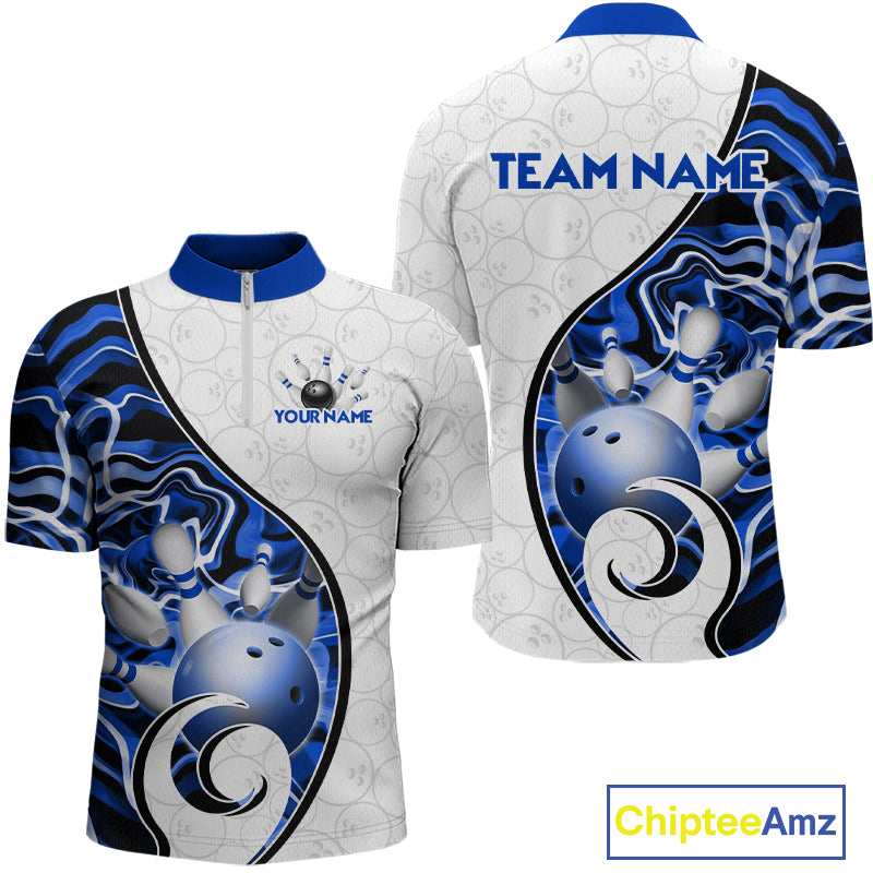Custom Blue Liquid Swirl Bowling Jersey for Men Bowling Team Shirts Bowling League Polo & 1/4 Zip HNT471