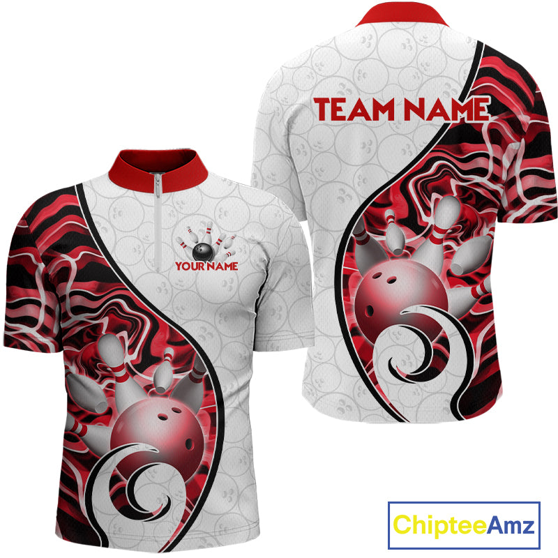 Custom Red Liquid Swirl Bowling Jersey for Men Bowling Team Shirts Bowling League Polo & 1/4 Zip HNT471