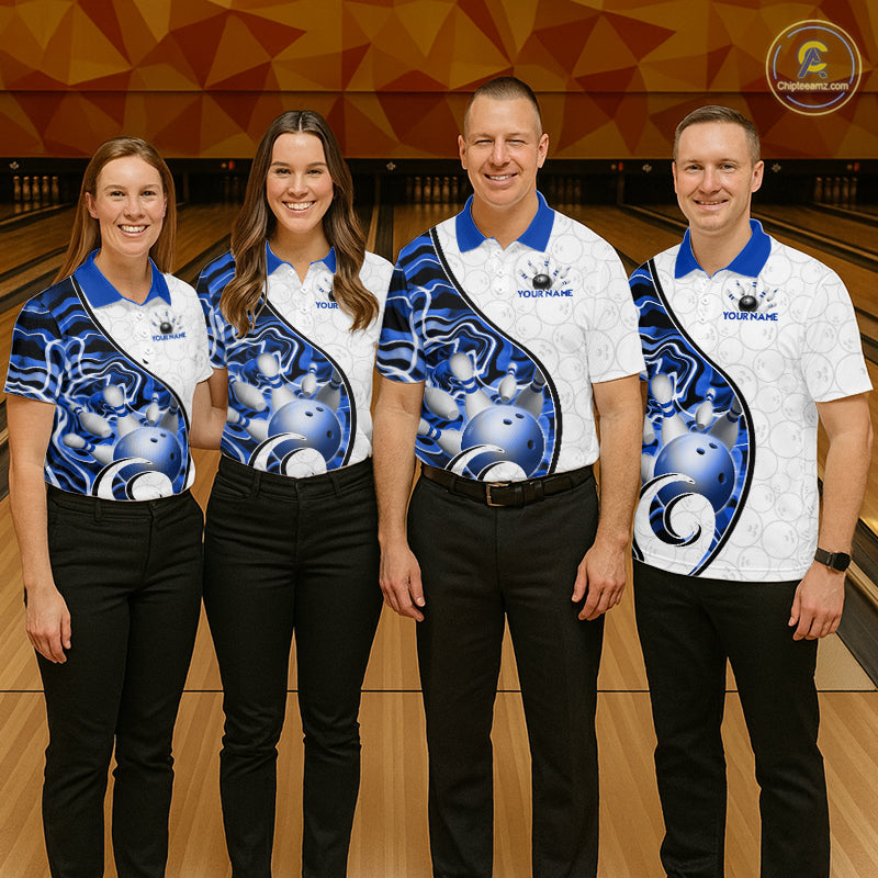 Custom Blue Liquid Swirl Bowling Jersey for Men Bowling Team Shirts Bowling League Polo & 1/4 Zip HNT471