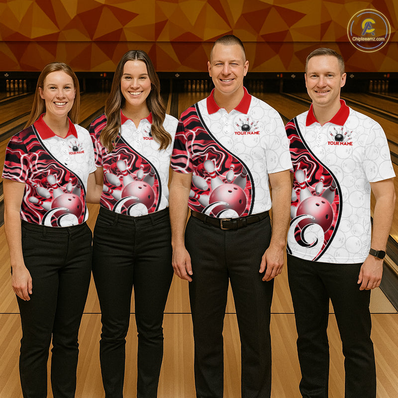 Custom Red Liquid Swirl Bowling Jersey for Men Bowling Team Shirts Bowling League Polo & 1/4 Zip HNT471