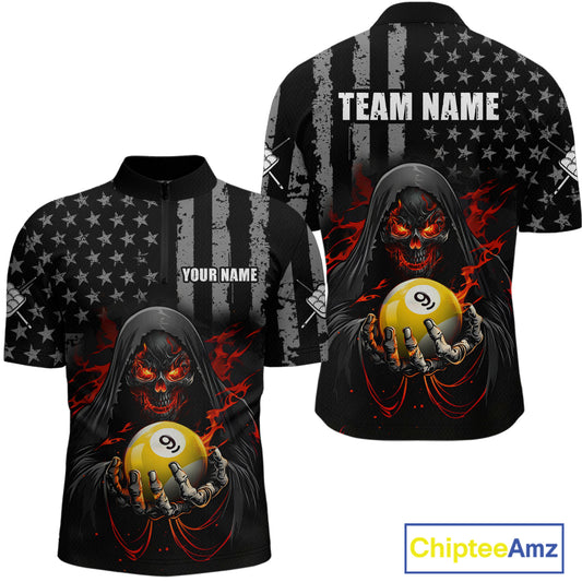Custom US Skull 9 Ball Billiard Shirts for Men Billiard Team Shirts Billiard League Polo & 1/4 Zip NNT94