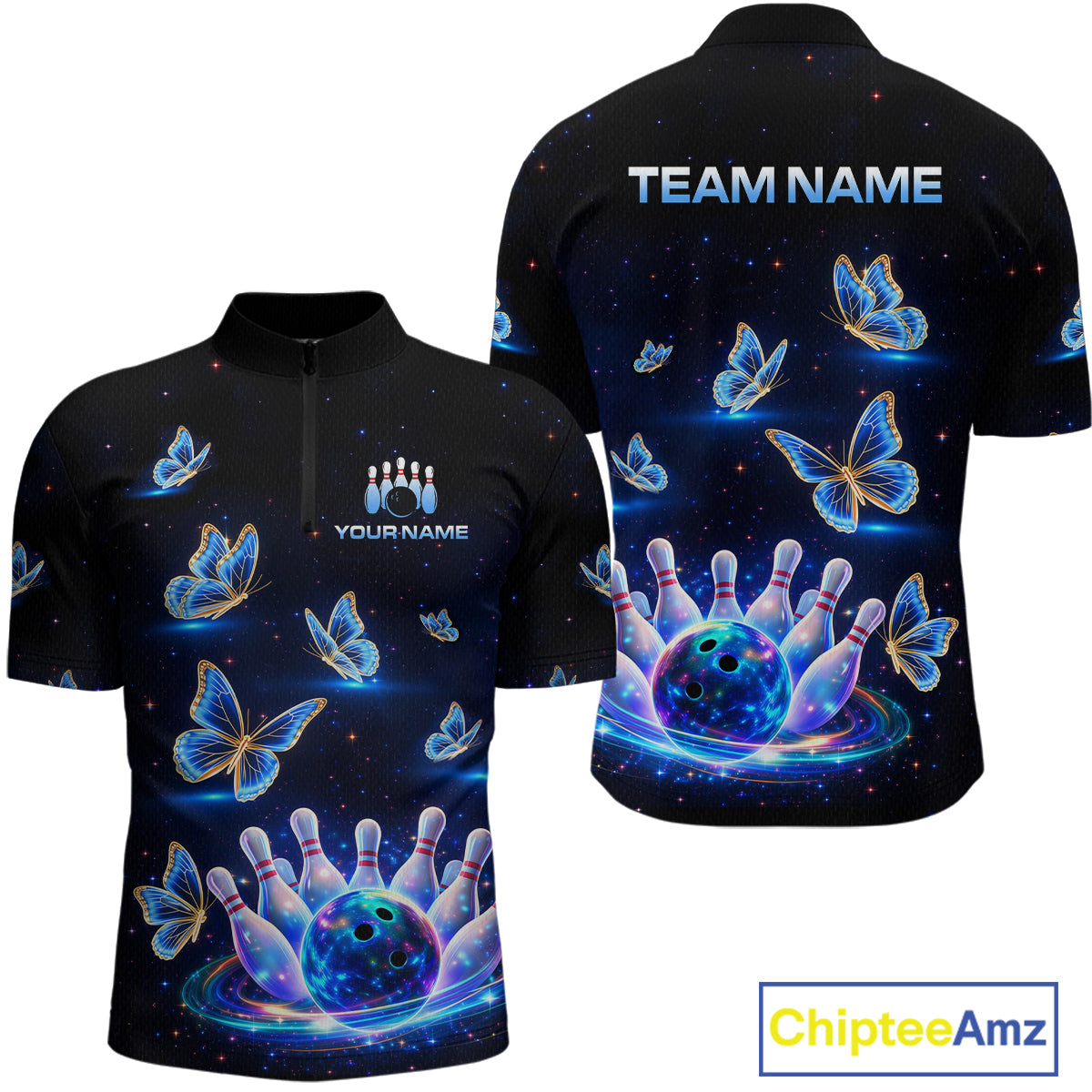 Custom Galaxy Butterflies Bowling Jersey for Men Bowling Tournament Polo & 1/4 Zip Bowling Team Shirts HNT211