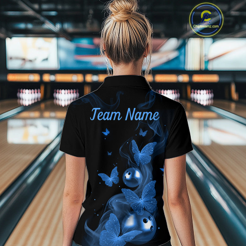 Custom Blue Butterfly Galaxy Bowling Jersey for Women Bowling Team Shirts Bowling League HNT310