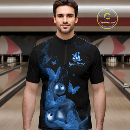Custom Blue Butterfly Galaxy Bowling Jersey for Men Bowling Team Shirts Bowling League HNT310