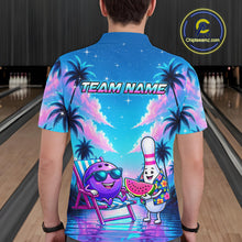 Load image into Gallery viewer, Men wearing personalized bowling polo shirt with bowling characters arranged within a tropical sunset scene with palm trees and ocean details.