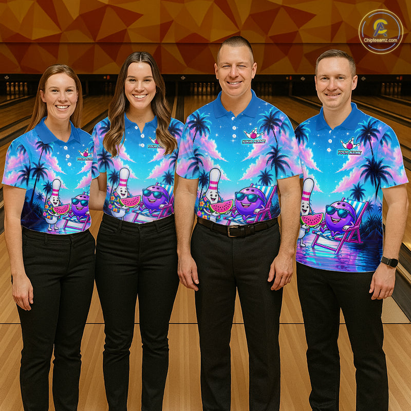 Four pepple wearing personalized bowling quarter zip shirt with bowling characters arranged within a tropical sunset scene with palm trees and ocean details.