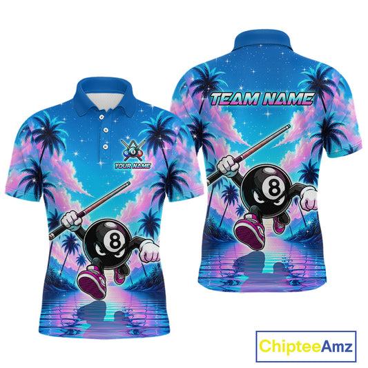 Front and back view personalized billiards polo shirt with an eight ball character moving through a tropical scene with palm trees and sunset reflections.