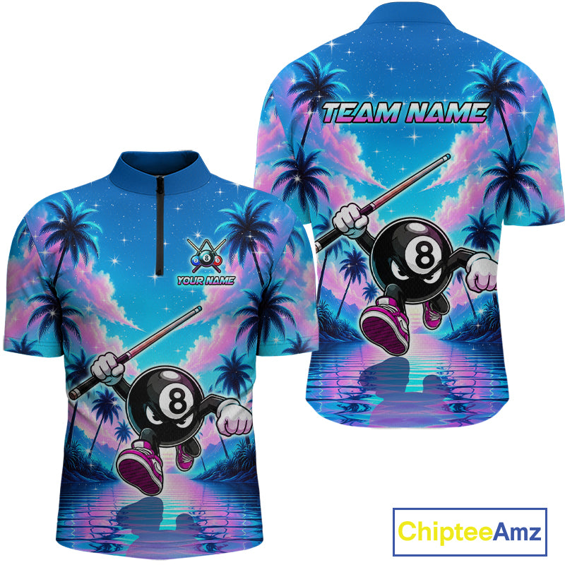 Front and back view personalized billiards quarter zip shirt with an eight ball character moving through a tropical scene with palm trees and sunset reflections.