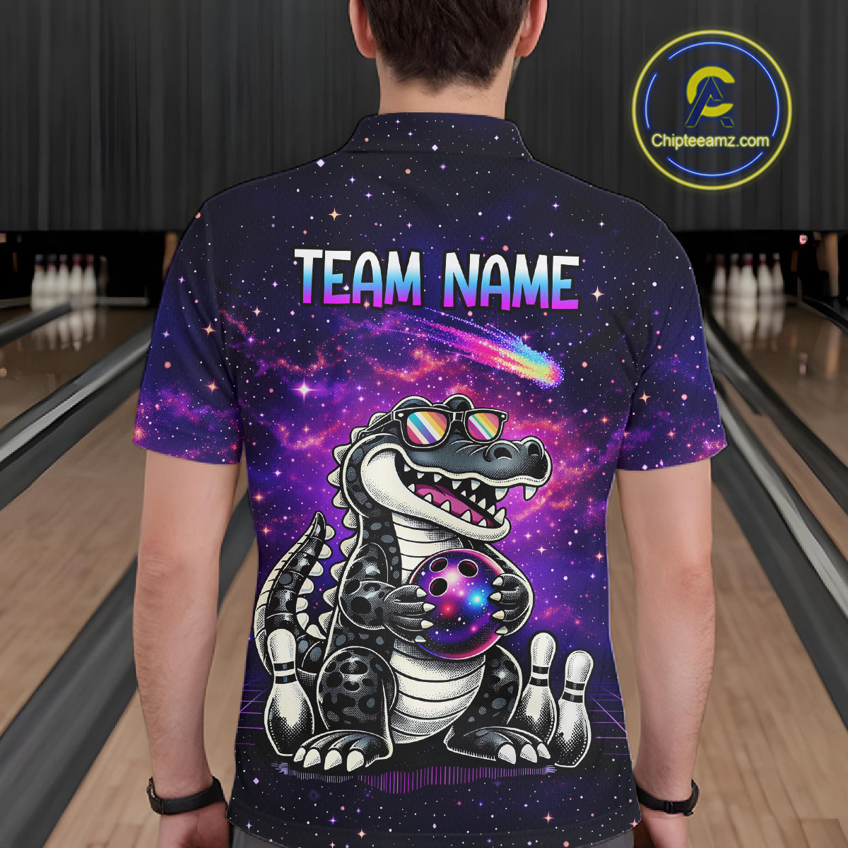 Custom Funny Galaxy Alligator Bowling Jersey for Men Bowling Tournament Polo & 1/4 Zip Bowling Team Shirts HNT218