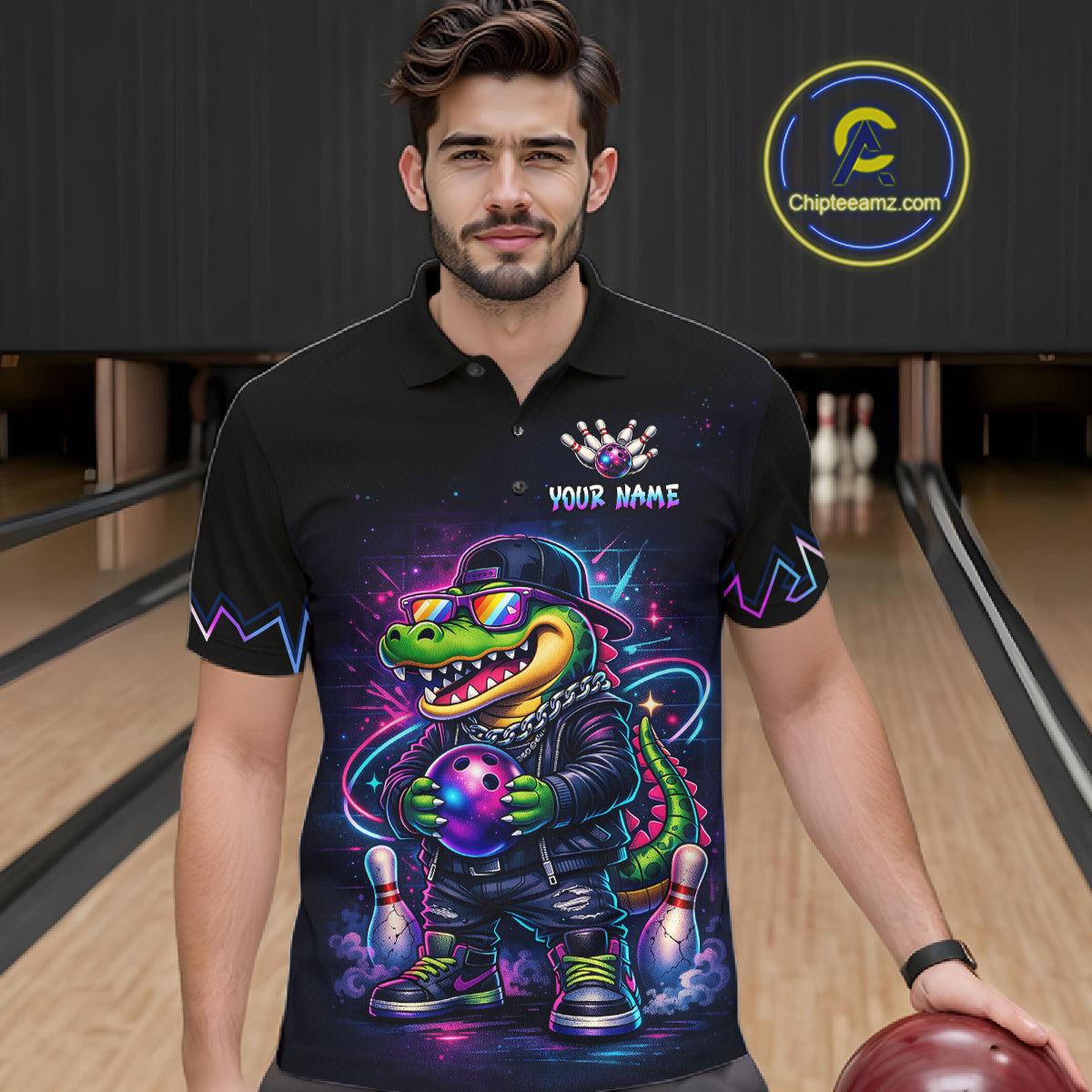 Custom Neon Funny Alligator Bowling Jersey for Men Bowling Tournament Polo & 1/4 Zip Bowling Team Shirts HNT219