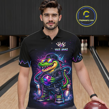 Custom Neon Funny Alligator Bowling Jersey for Men Bowling Tournament Polo & 1/4 Zip Bowling Team Shirts HNT219