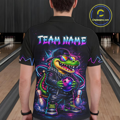 Custom Neon Funny Alligator Bowling Jersey for Men Bowling Tournament Polo & 1/4 Zip Bowling Team Shirts HNT219