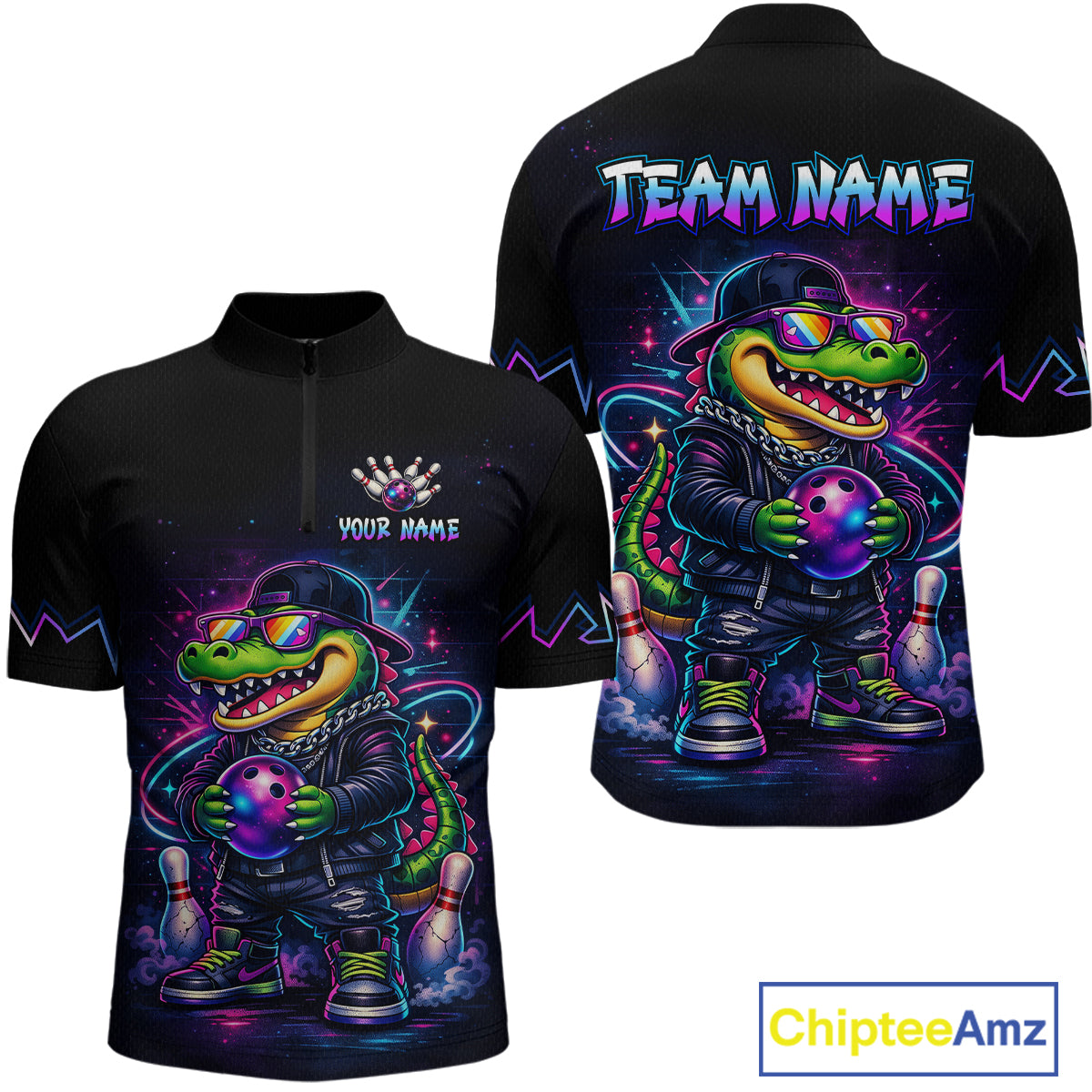 Custom Neon Funny Alligator Bowling Jersey for Men Bowling Tournament Polo & 1/4 Zip Bowling Team Shirts HNT219