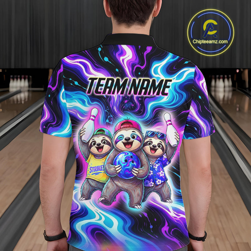 Custom Funny Sloth Bowling Jersey for Men Purple Blue Neon Bowling Team Shirts Bowling League HNT307