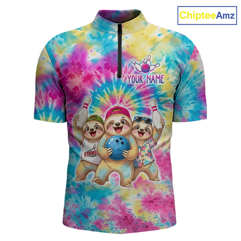 Custom Funny Sloth Bowling Jersey for Men Tropical Tie-Dye Bowling Team Shirts Bowling League HNT306