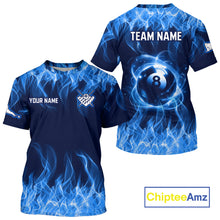 Load image into Gallery viewer, Blue and black billiard jersey with flame design, customizable text, and ChipteeAmz branding.